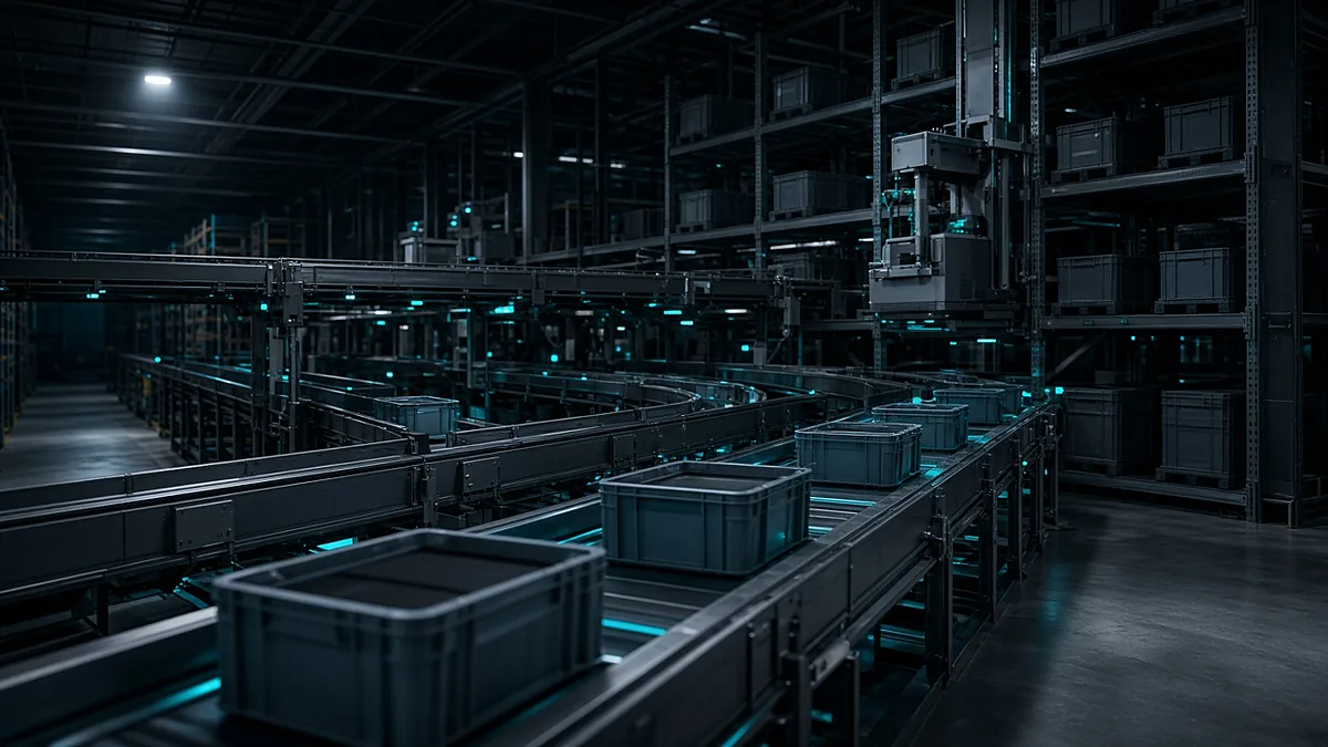 Automated conveyor and robotic handling system moving goods through a warehouse